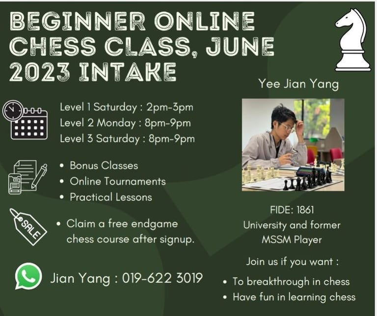 Malaysia Chess Beginner Online Chess Class by Coach Yee Jian Yang 