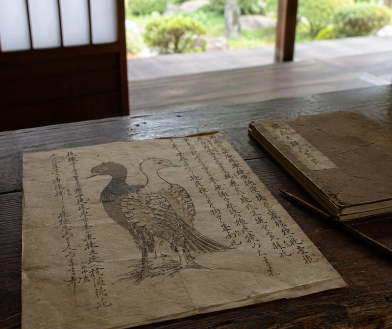 Antique Japanese manuscript with bird illustration on a wooden table overlooking a zen garden.