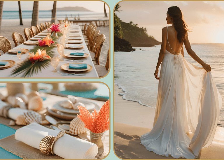 détail décoration mariage plage soleil coquillage table et robe mariée