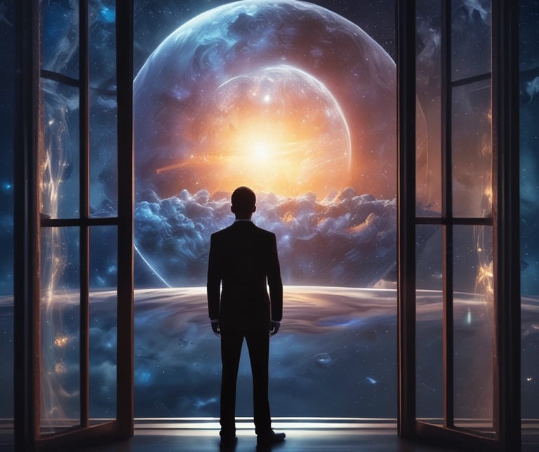 a man in a suit and tie standing in front of a window with the words