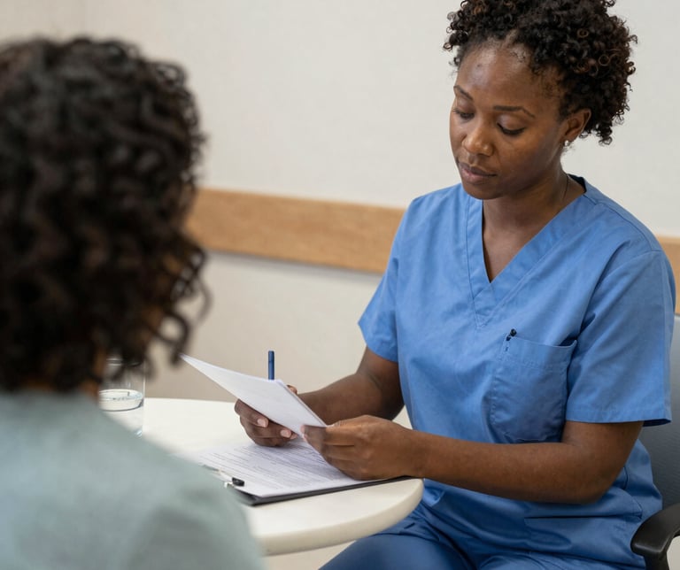 Close observational frame, a carer's hands completing a patient intake form on a clipboard, soft daylight from a window to the right, institutional floor visible below, no faces, quiet and focused