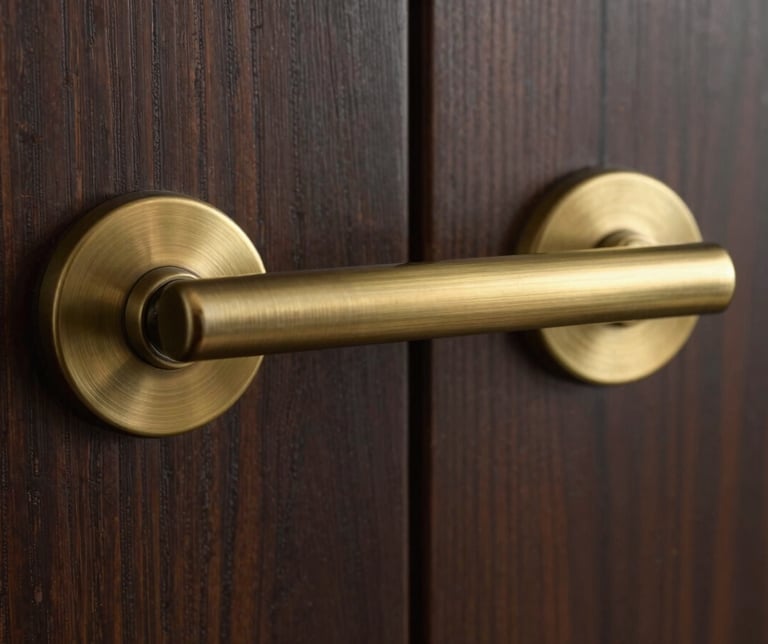 Close-up detail of a brushed brass door handle on a dark oak door, clean architectural lines, soft side lighting