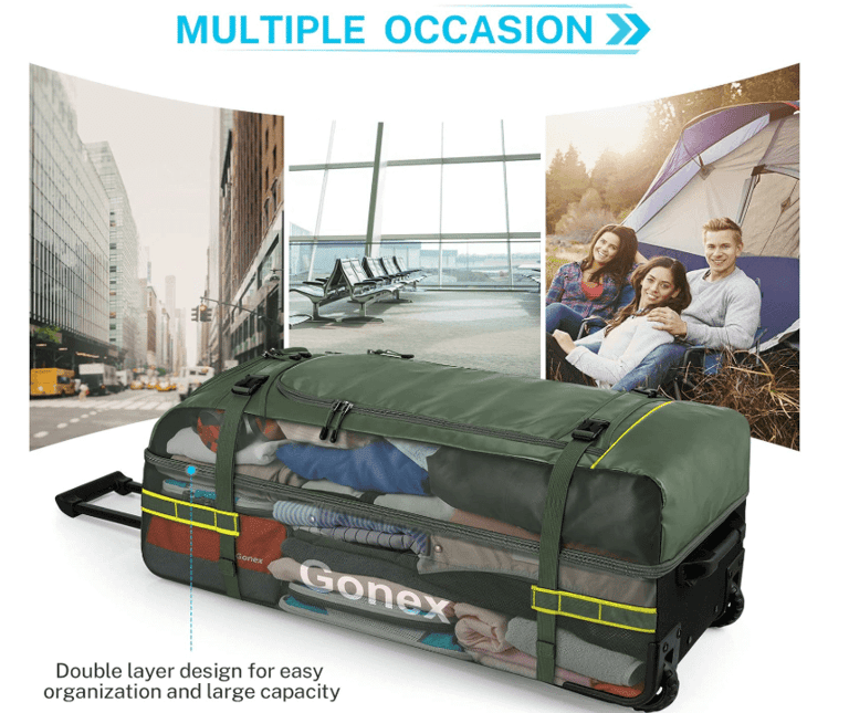 a large suitcase with multiple compartments and a large bag