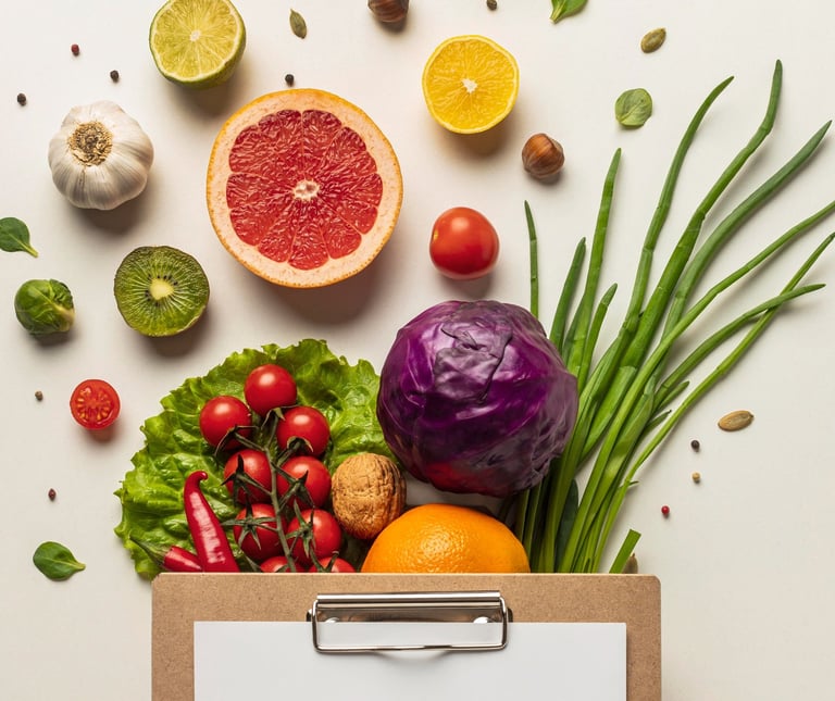 a clipboard with assortment of cut fruit and vegetables