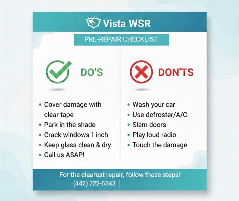 Vista WSR windshield pre-repair checklist showing do's and don'ts for cracked glass maintenance.