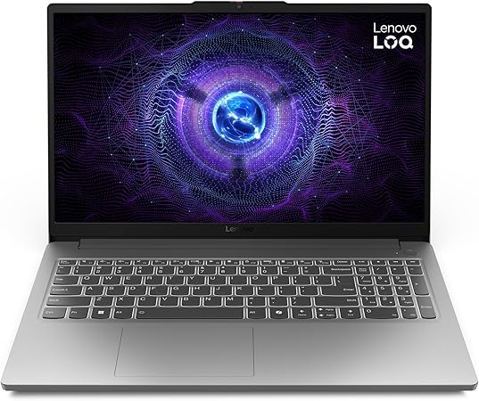 Notebook Lenovo LOQ cinza com detalhes em azul nas saídas de ar traseiras.