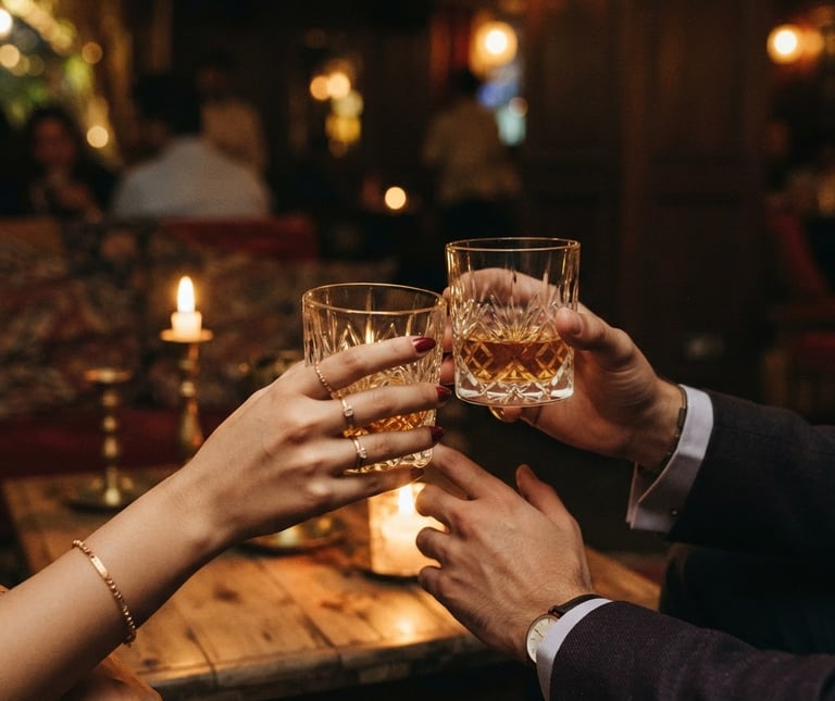 Elegant close-up of hands holding crystal glasses in a candlelit Banjara Hills lounge, warm ambient lighting, shallow depth of field, 35mm