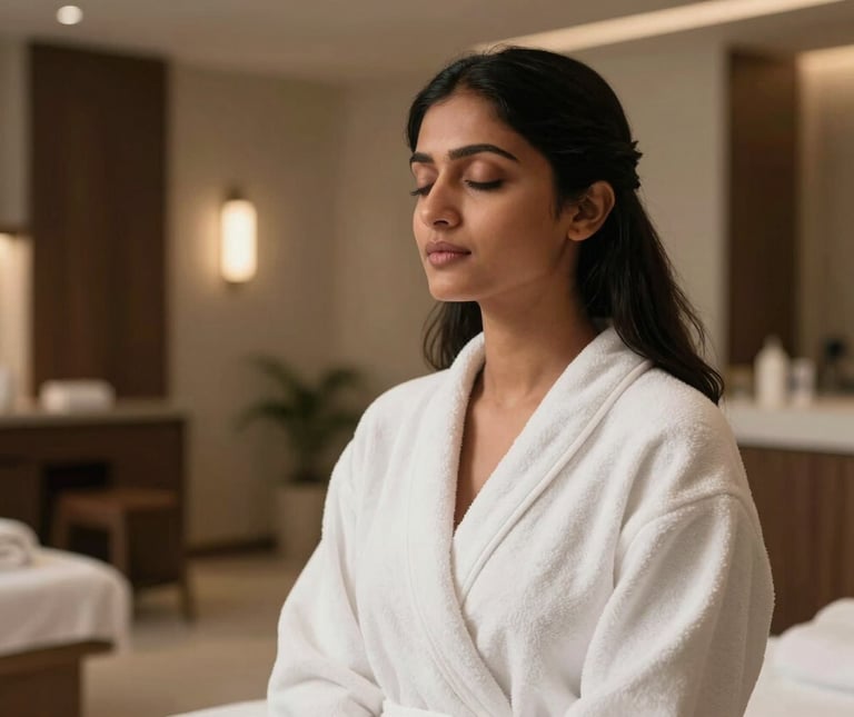 Portrait-oriented photograph of a serene South Asian woman in a spa gown, eyes closed, reflecting calm in a modern luxury spa lobby.