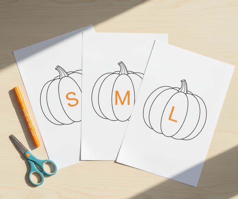 Three printable pumpkin outline pages labeled small, medium, and large.