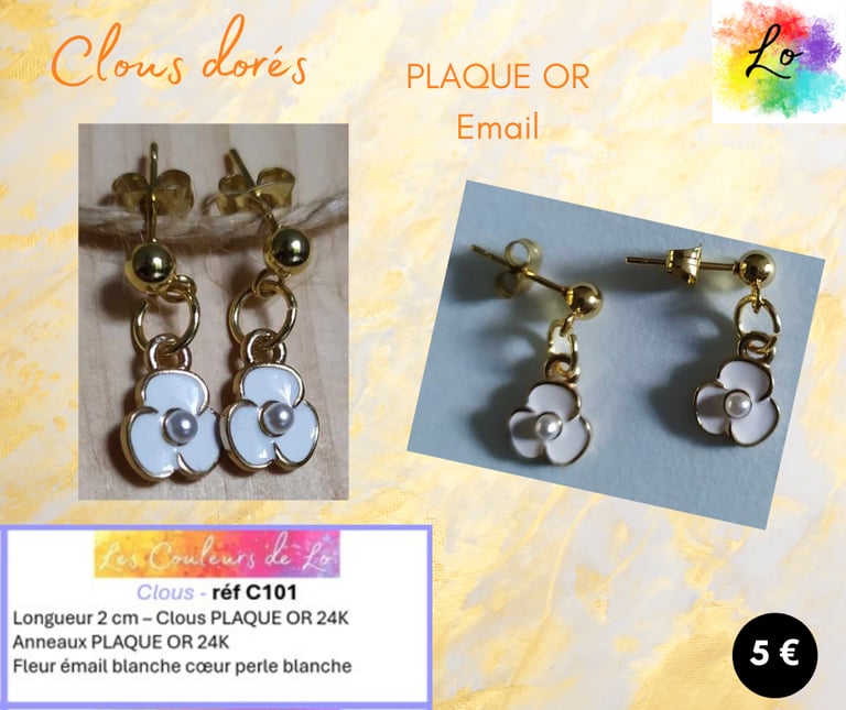 Boucles clous Plaqué or fleur émail blanc Les Couleurs de Lo