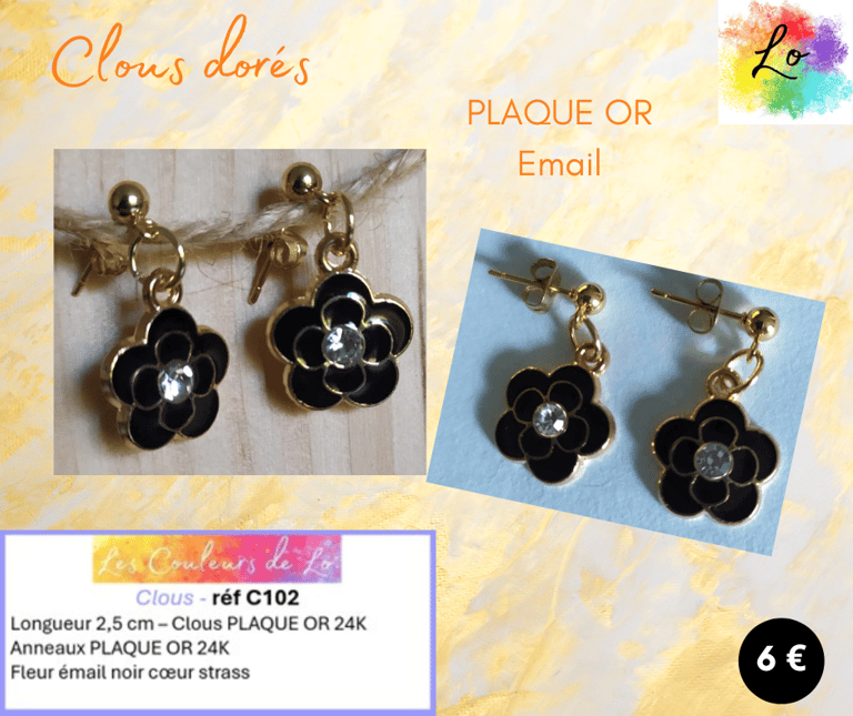 Boucles clous Plaqué or fleur émail noir les Couleurs de Lo