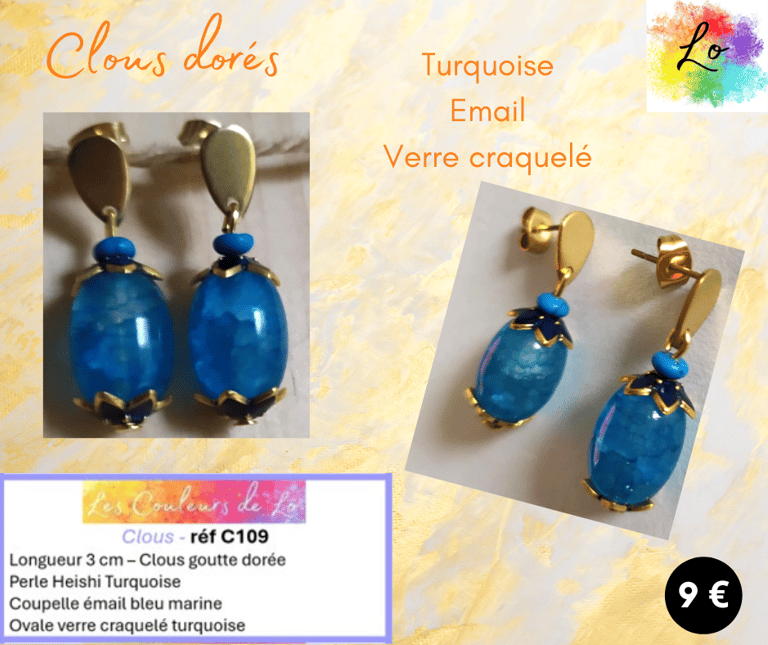 Boucles clous goutte dorée Turquoise coupelles émail verre craquelé turquoise Les Couleurs de Lo
