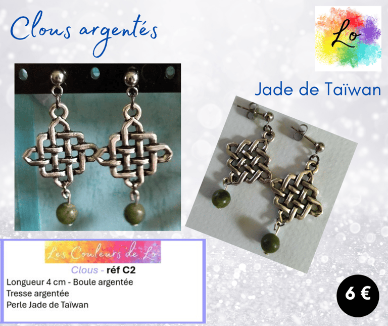 Boucles clous argentés tresse celtique métal Jade de Taïwan Les Couleurs de Lo