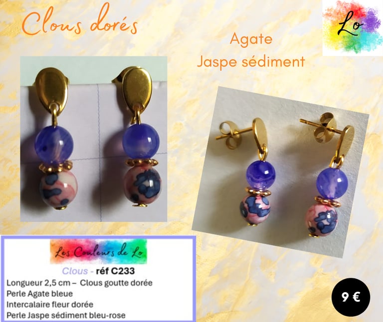Boucles clous goutte dorée Agate bleue Jaspe sédiment bleu-rose Les Couleurs de Lo