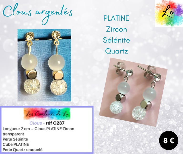 Boucles clous Platine Zircon Sélénite Quartz craquelé Les Couleurs de Lo