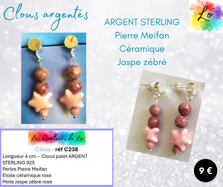 Boucles clous Argent 925 Pierre Meifan étoile céramique rose Jaspe zébré rose Les Couleurs de Lo