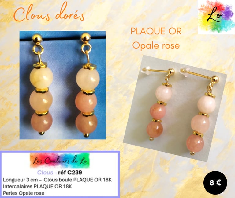 Boucles clous Plaqué or Opale rose Les Couleurs de Lo