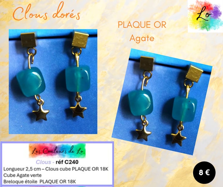 Boucles clous Plaqué or Agate verte étoile Plaqué or Les Couleurs de Lo