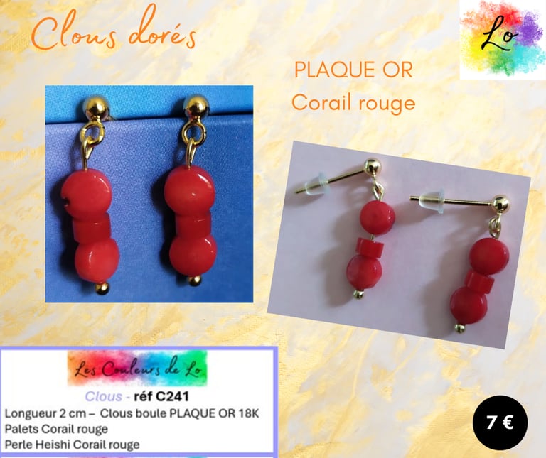 Boucles clous Plaqué or Corail rouge Les Couleurs de Lo