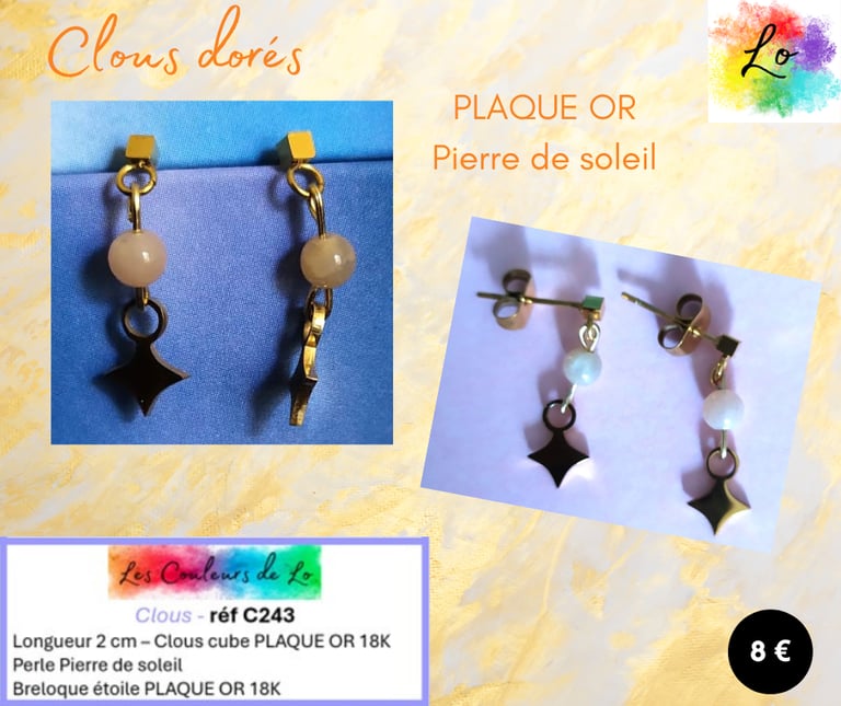 Boucles clous Plaqué or Pierre de soleil étoile Plaqué or Les Couleurs de Lo