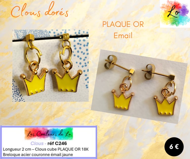 Boucles clous Plaqué or couronne émail jaune Les Couleurs de Lo