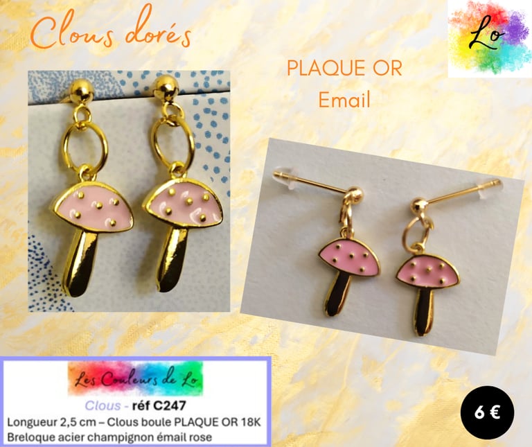 Boucles clous Plaqué or champignon émail rose Les Couleurs de Lo