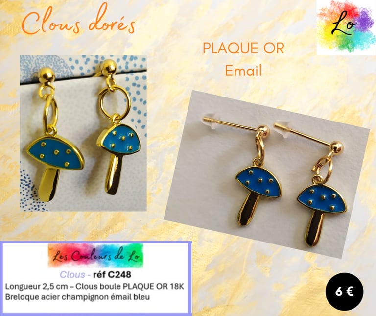 Boucles clous Plaqué or champignon émail bleu Les Couleurs de Lo