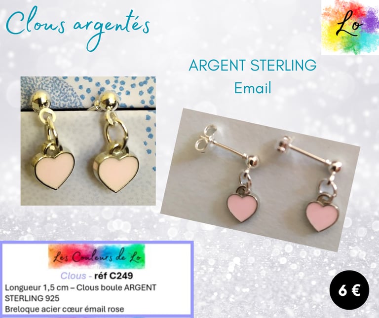 Boucles clous Argent 925 cœur émail rose Les Couleurs de Lo