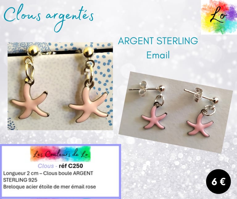 Boucles clous Argent 925 étoile de mer émail rose Les Couleurs de Lo