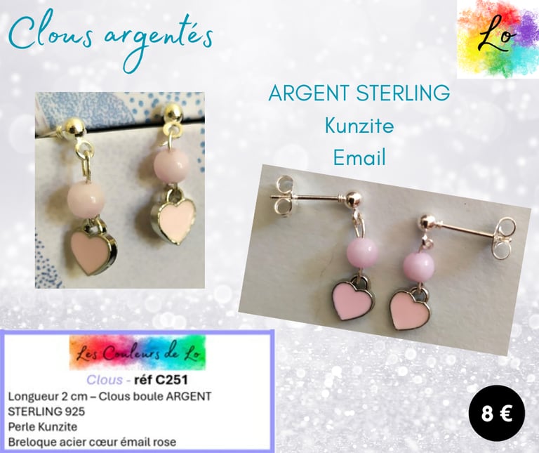 Boucles clous Argent 925 Kunzite cœur émail rose Les Couleurs de Lo
