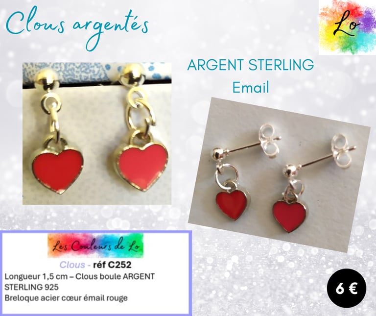 Boucles clous Argent 925 cœur émail rouge Les Couleurs de Lo