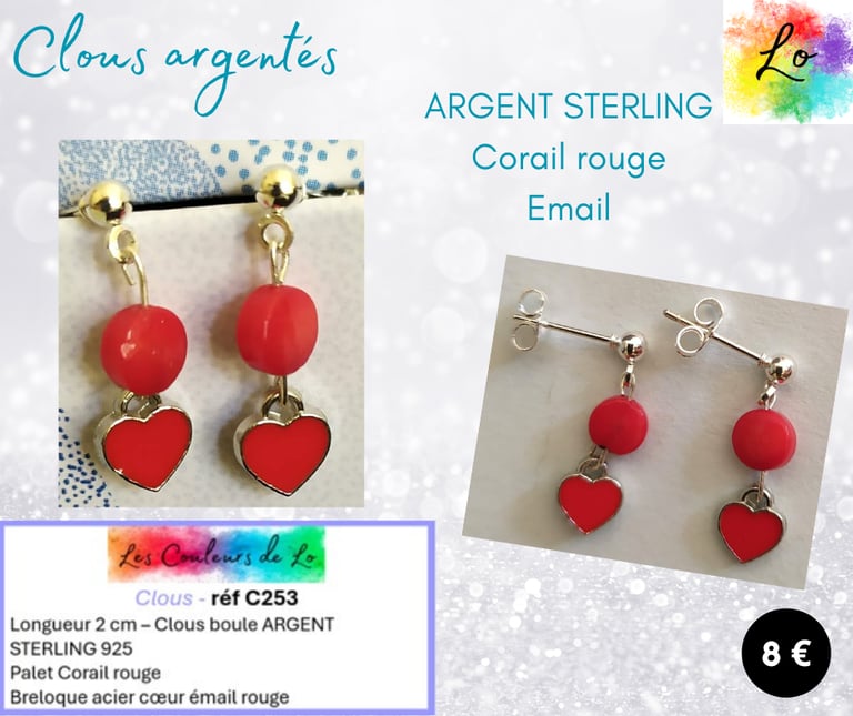 Boucles clous Argent 925 Corail rouge cœur émail rouge Les Couleurs de Lo