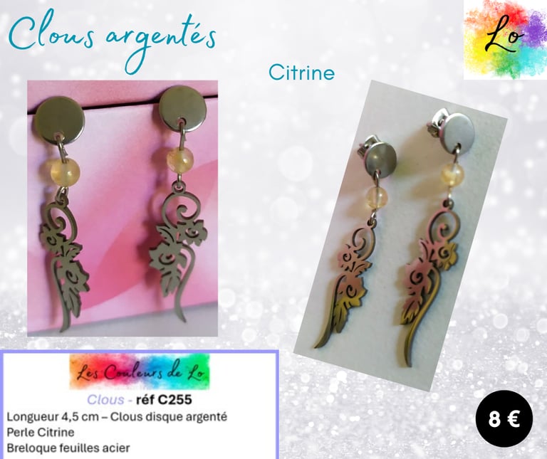 Boucles clous argentés Citrine feuilles argentées Les Couleurs de Lo