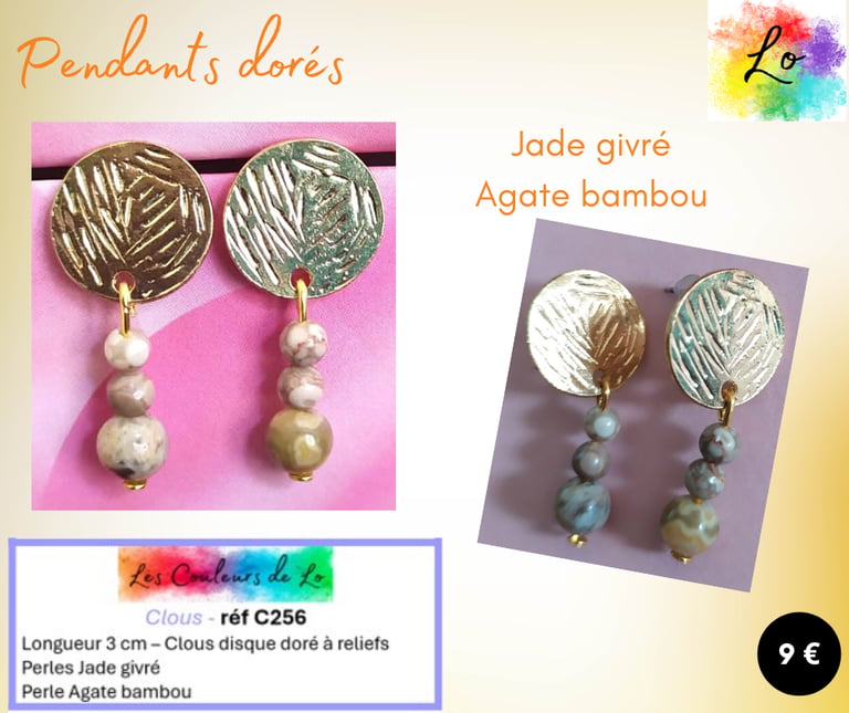 Boucles clous doré Jade givré Agate bambou Les Couleurs de Lo