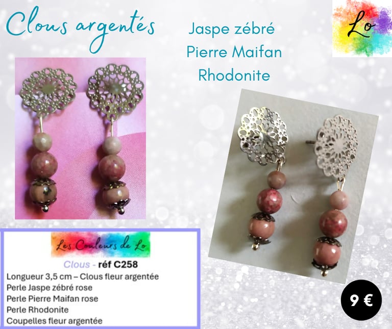 Boucles clous argentés Jaspe zébré Pierre Maifan Rhodonite Les Couleurs de Lo