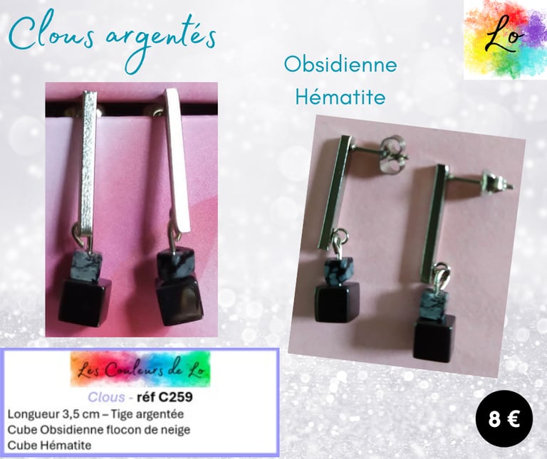 Boucles clous argentés Obsidienne flocon de neige Hématite Les Couleurs de Lo