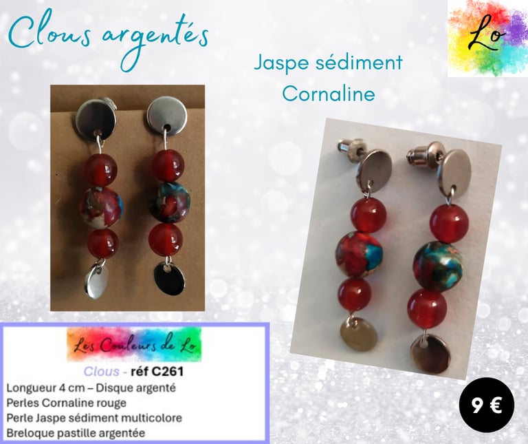 Boucles clous argentés Cornaline Jaspe sédiment pastille argentée Les Couleurs de Lo