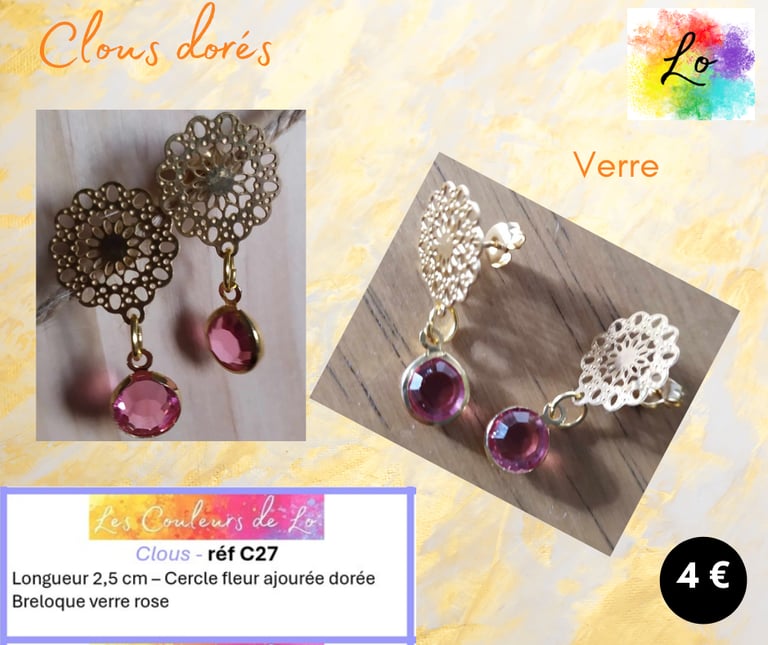Boucles clous dorés fleur métal strass verre rose Les Couleurs de Lo