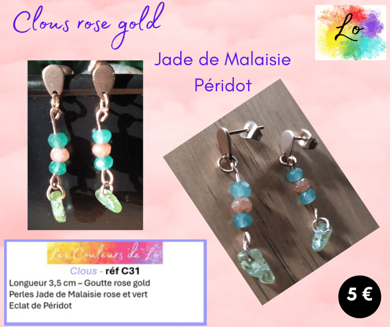 Boucles clous rose gold Jade de Malaisie Péridot Les Couleurs de Lo