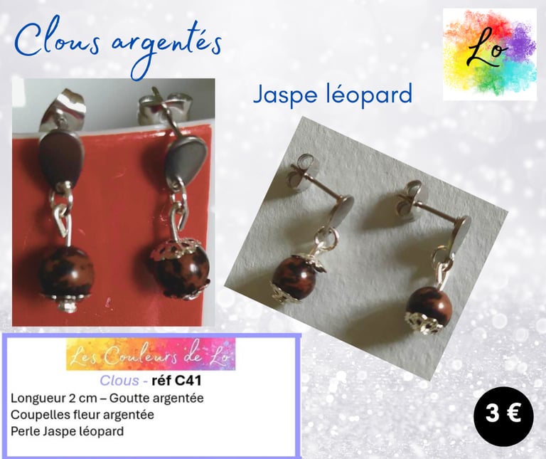 Boucles clous argentés Jaspe léopard Les Couleurs de Lo