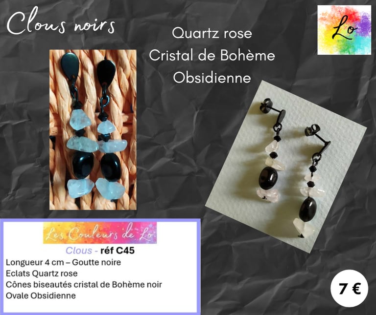 Boucles clous noirs Quartz rose cristal de Bohème noir Obsidienne Les Couleurs de Lo