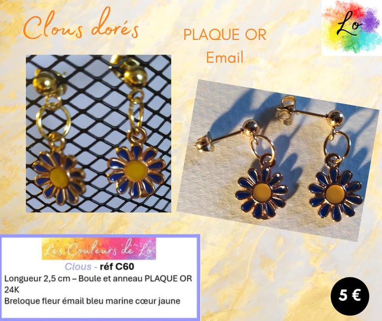 Boucles clous Plaqué or fleur émail bleu Les Couleurs de Lo