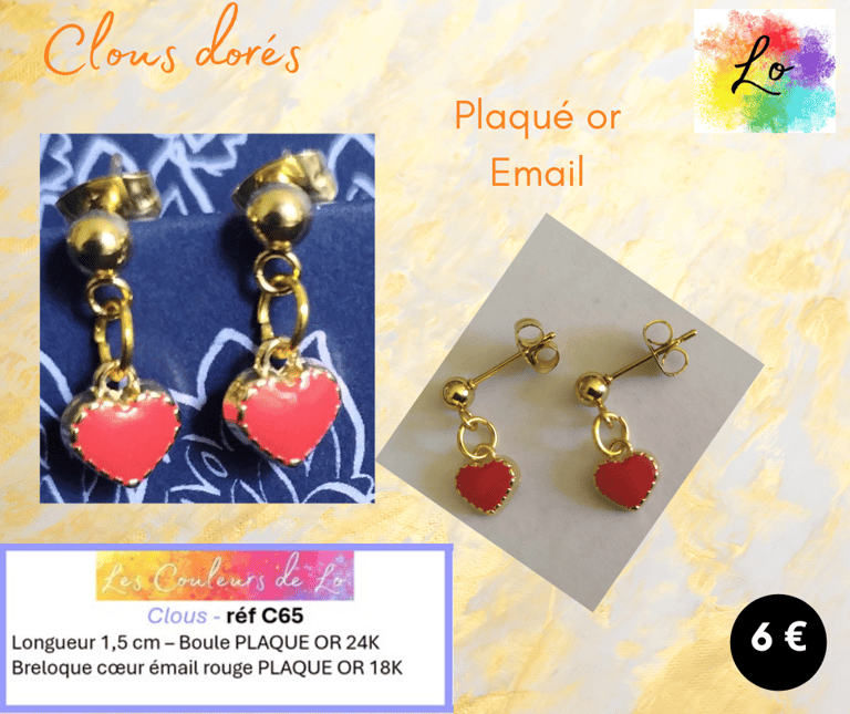 Boucles clous Plaqué or cœur émail rouge Les Couleurs de Lo