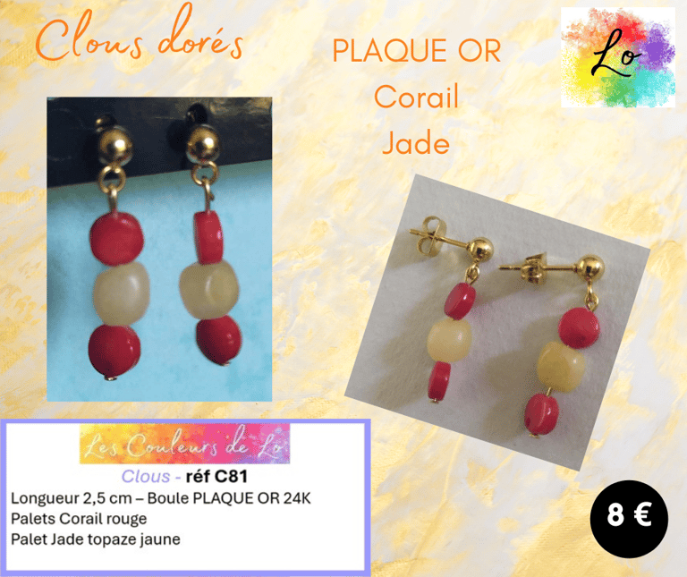 Boucles clous Plaqué or Corail Jade Les Couleurs de Lo