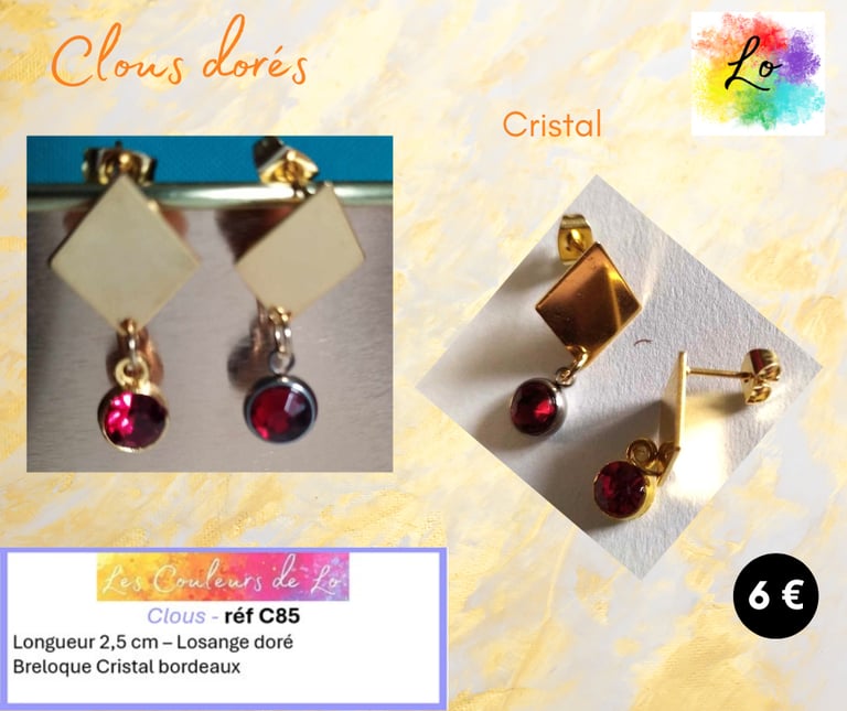 Boucles clous dorés losange acier strass cristal rouge Les Couleurs de Lo
