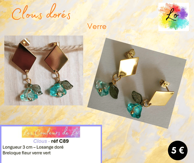 Boucles clous dorés losange acier fleur verre vert Les Couleurs de Lo