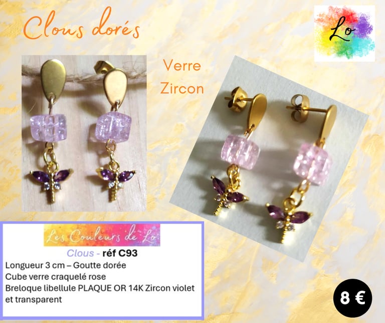 Boucles clous dorés verre craquelé rose libellule Zircon parme Les Couleurs de Lo