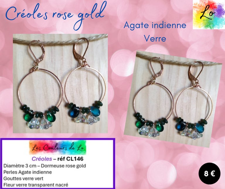 Créoles rose gold 3 cm Agate indienne verre Les Couleurs de Lo