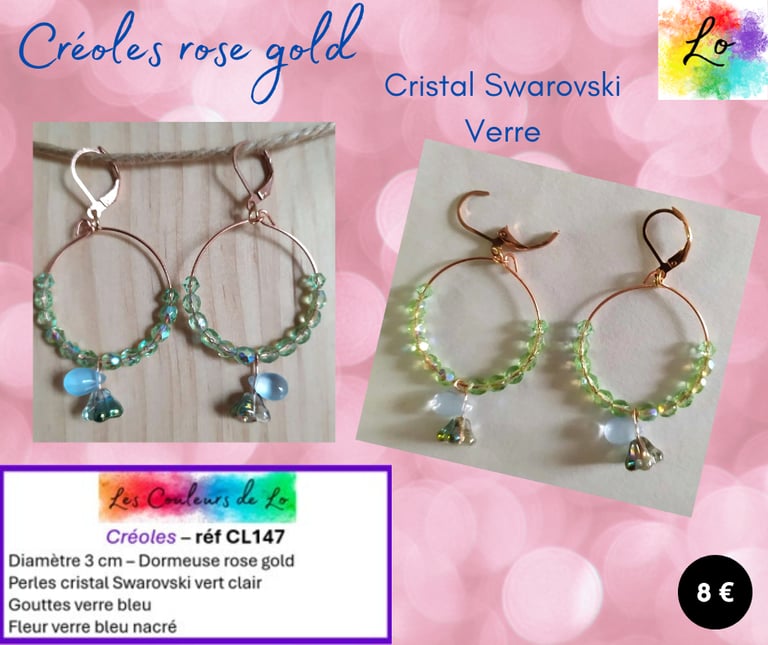Créoles rose gold 3 cm cristal Swarovski verre Les Couleurs de Lo