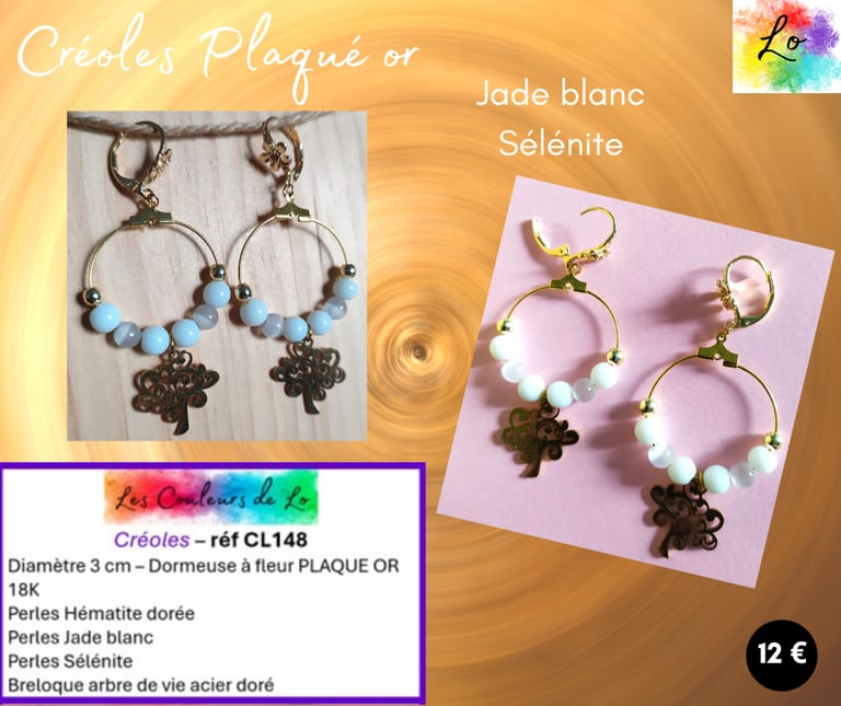 Créoles Plaqué or 3 cm Jade blanc Sélénite arbre de vie Les Couleurs de Lo